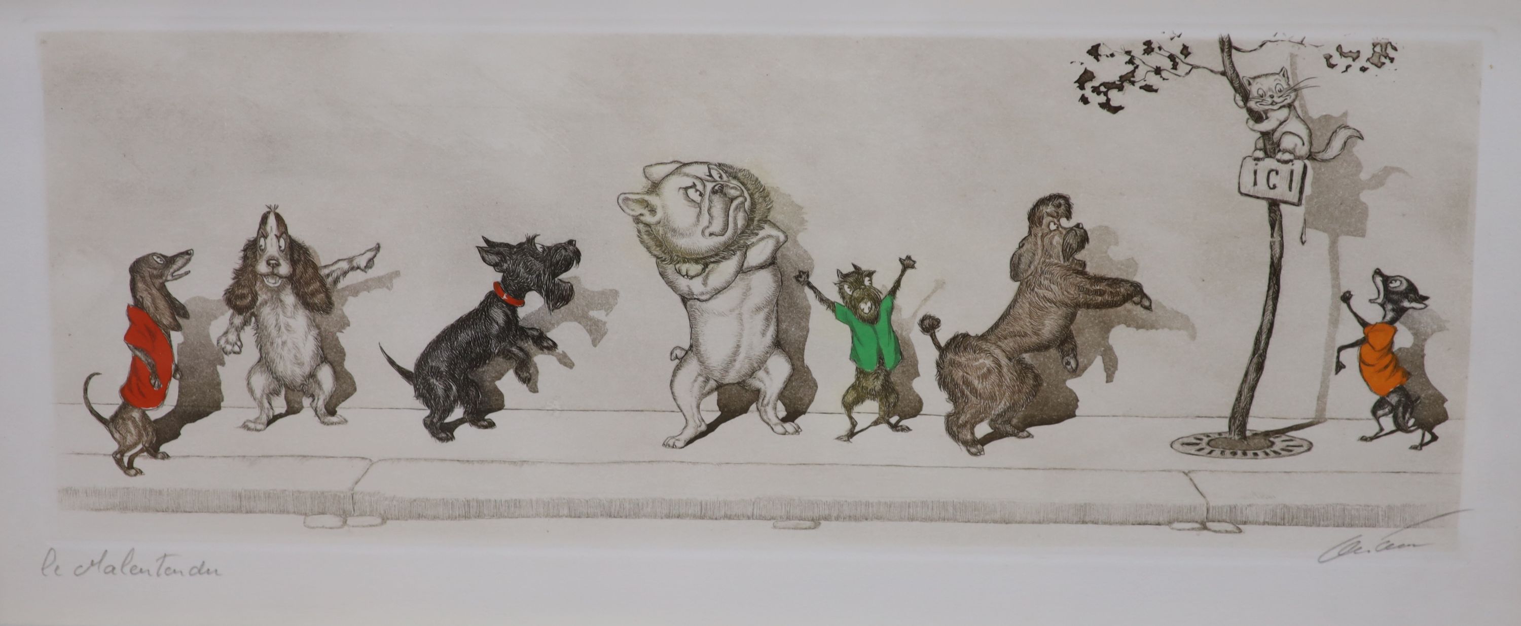 Boris O’Klein (1893-1985), pair of coloured aquatints, Le Mal Entendu and companion print, signed in pencil, 20 x 49cm